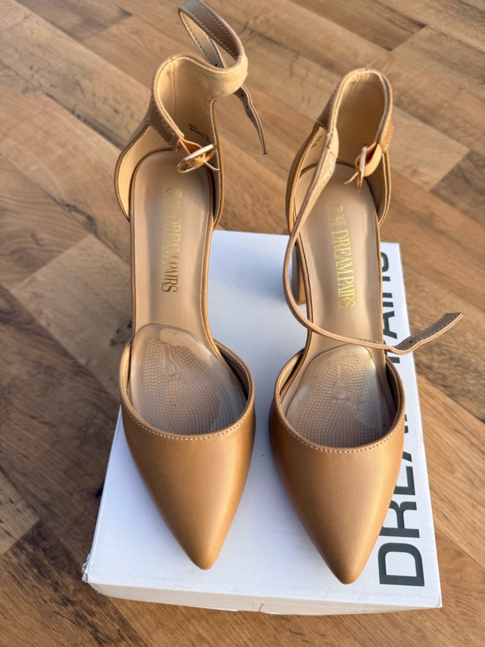 Ankle Strap Pointed Toe Pumps in Metallic Tan